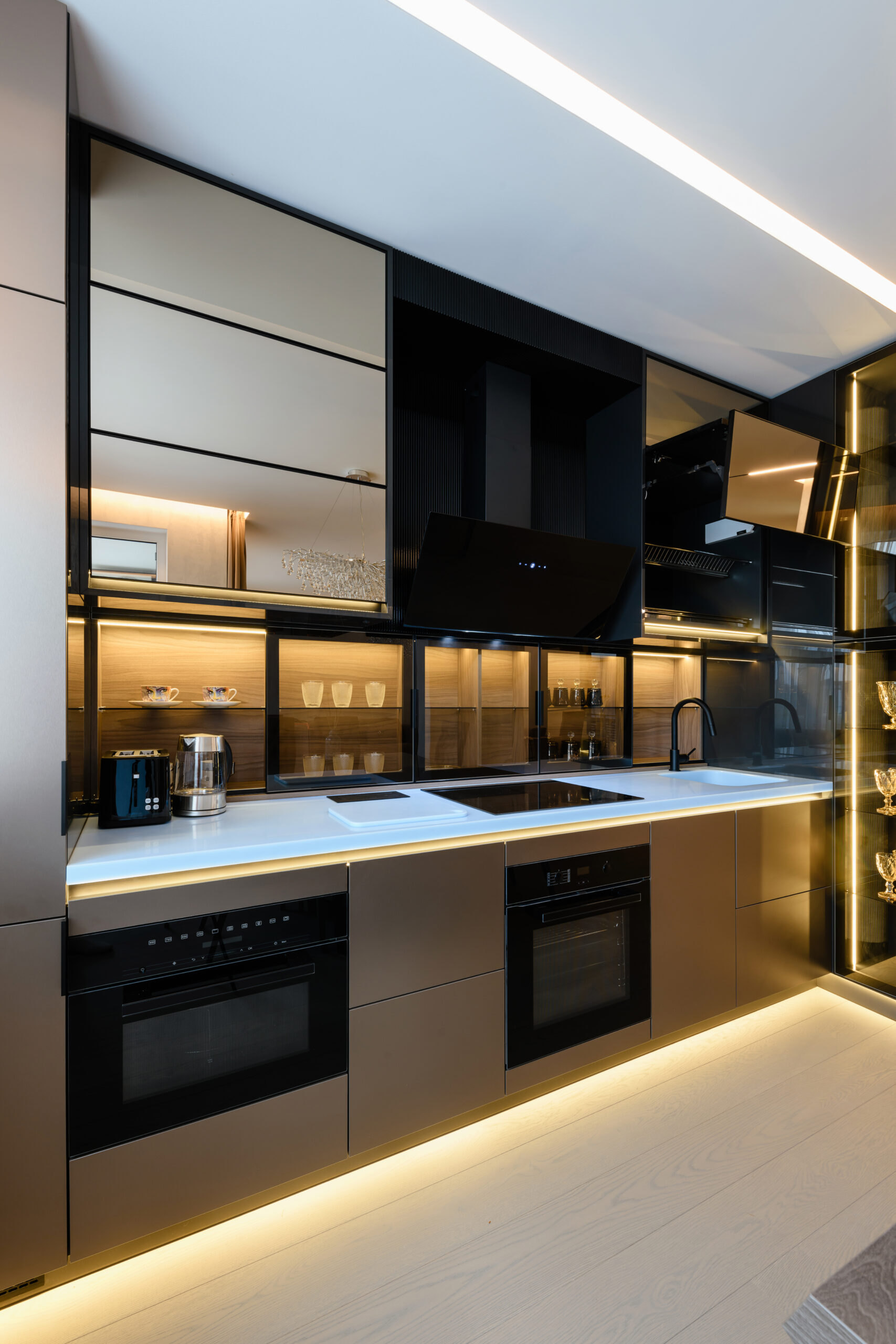 stylish and modern interior design of an apartment with a Studio kitchen